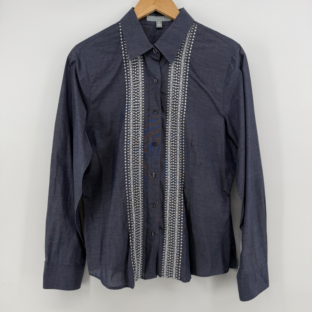 Foxcroft Womens Navy Blue Embroidered Cotton Button Down Fitted Shirt Size 12